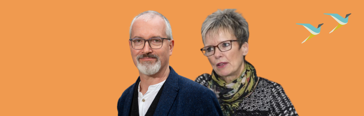 Judith Gillespie and Richard English on an orange background with the ARINS birds icons