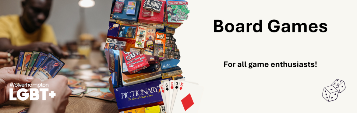 A close up shot showing a few people playing a card game together, alongside another image showing the a variety of the games we have on site. On the right is a banner declaring the group title.