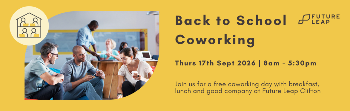 Promotional poster showing people talking in a bright coworking space with event details for a Back to School coworking day.
