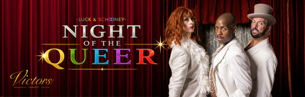 Banner image on the Night of the queer logo featuring a hand pulling back a curtain to reveal two disco balls.