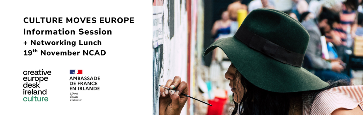 Culture Moves Europe Info Session & networking Lunch 19th November NCAD. Image of an artist painting a mural on the right.