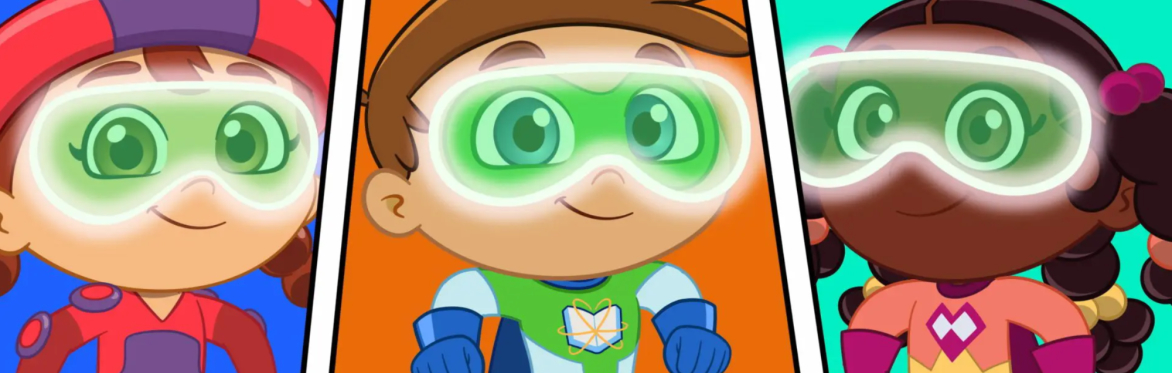 Three cartoon children with glowing green googles on