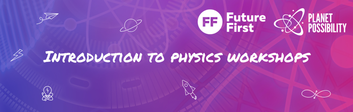 The image contains text on a background of purple and pink. The text says "introduction to physics workshops". Around the text are various pictograms related to physics.