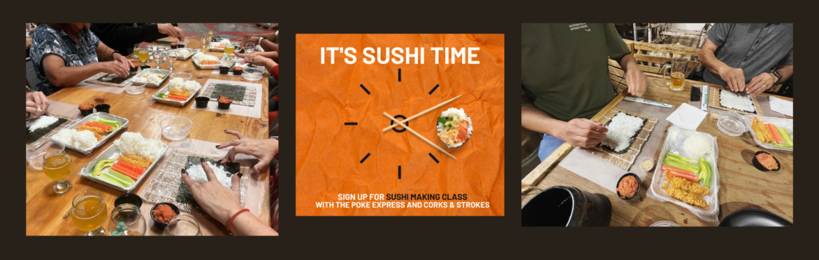 It's sushi time clock with images of people making sushi rolls