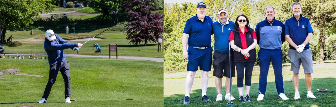 two photos of the last SSW Golf Day: one shows a person taking a swing at a ball. The other shows a team of five people standing in a row on the golf course.
