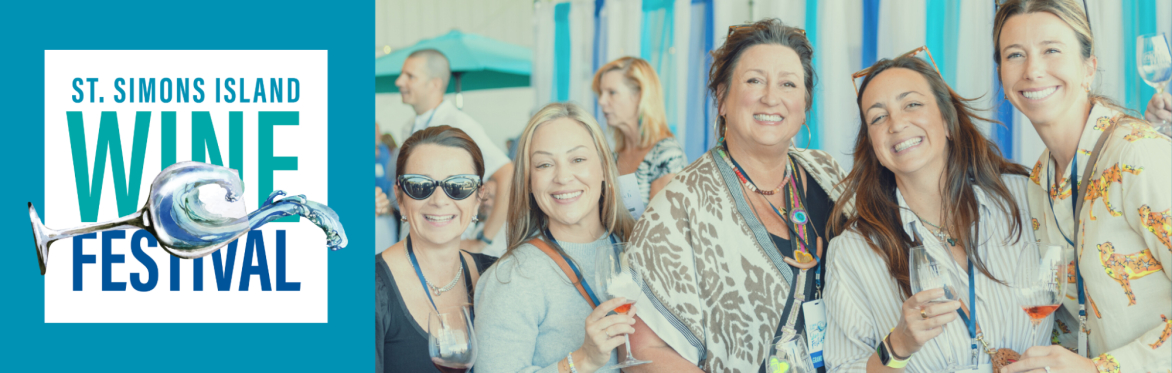 Picture of people smiling and hold wine glasses and the St Simons Island Wine Festival Logo