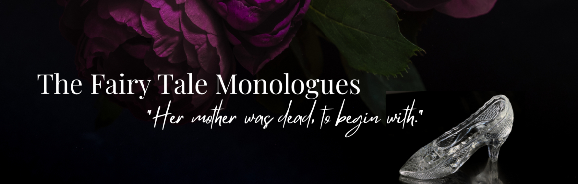 A glass slipper stands empty in front of a field of painted deep violet roses
