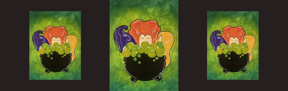 3 repeats of same image of three witches with bright orange, purple, and yellow hair stand behind a bubbling black cauldron filled with green potion, set against a glowing green background.
