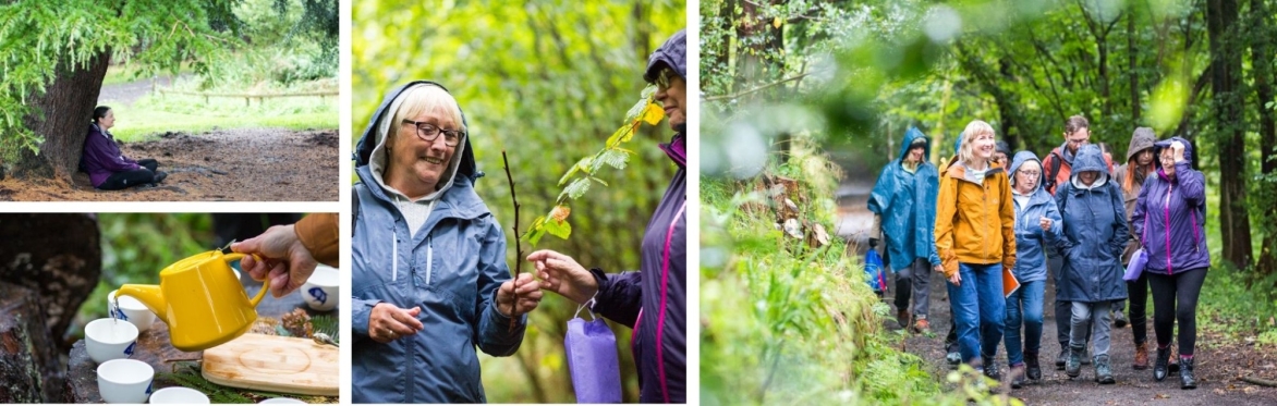 People walking in nature, pouring tea into small cup from bright yellow tea pot in woods, women sitting under a tree in woods, two women passing a stick to each other and smilling