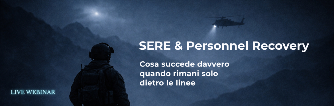 Operatore isolato in ambiente ostile durante missione notturna con elicottero di recupero, webinar SERE e Personnel Recovery