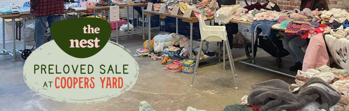 Text reads 'The Nest Preloved Sale' with a background image of a secondhand children's clothing market