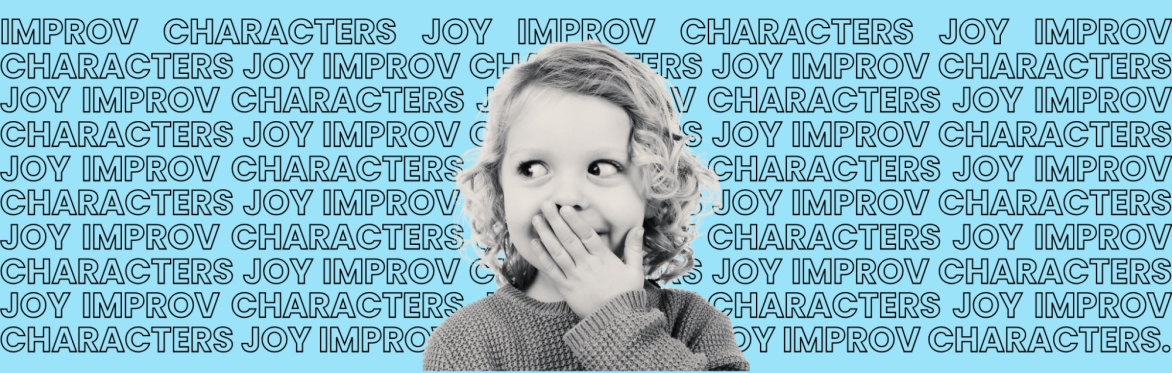 A black-and-white photo of a young child with curly blonde hair, wearing a knitted sweater, covering their mouth with one hand in a playful expression. The background is bright blue and filled with re