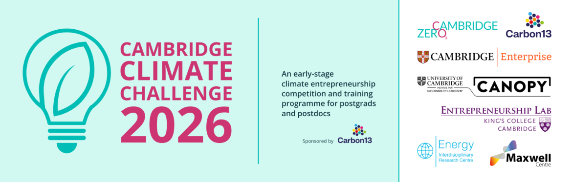 The logo of the Cambridge Climate Challenge 2026, showing a leaf in a lightbulb. Text reads 'An early-stage climate entrepreneurship competition and training programme for postgrads and postdocs.'