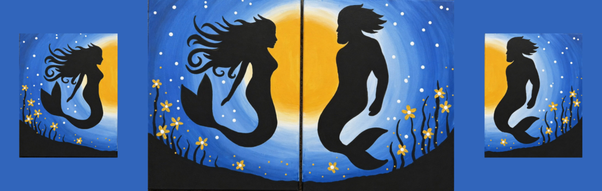 3 repeats of same image of two silhouetted mermaids face each other beneath a glowing moon, surrounded by twinkling stars and delicate flowers, creating a magical underwater scene.
