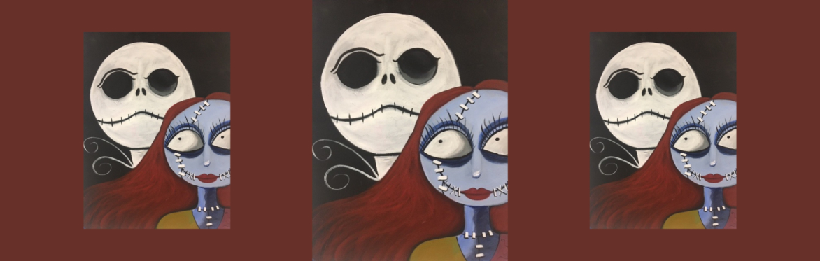 3 repeats of same image of a skeletal face with hollow black eyes looms in the background, while Sally, with her blue stitched skin, wide eyes, and long red hair, stands in the foreground.