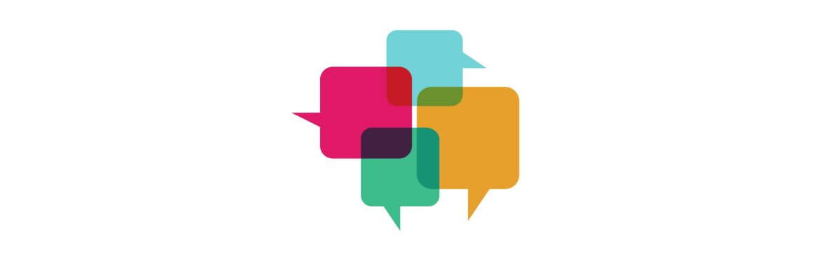 Four overlapping speech bubbles in blue, pink, teal and yellow.