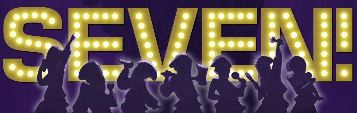 Seven! logo with the seven dwarves in foreground, rocking out on mics