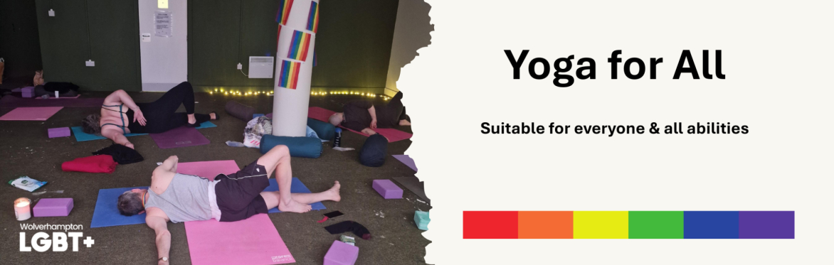 Several people are lying on their side holding a stretch on yoga mats. On the right is the name of the group with the tagline "Suitable for everyone and all abilities".