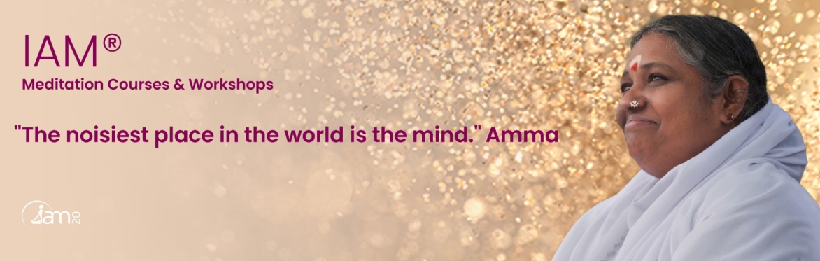 Sparkly banner for an accessible meditation practice. An image of spiritual and humanitarian leader, Amma on the right dressed in a white sari and quote, "The noisiest place in the world is the mind."