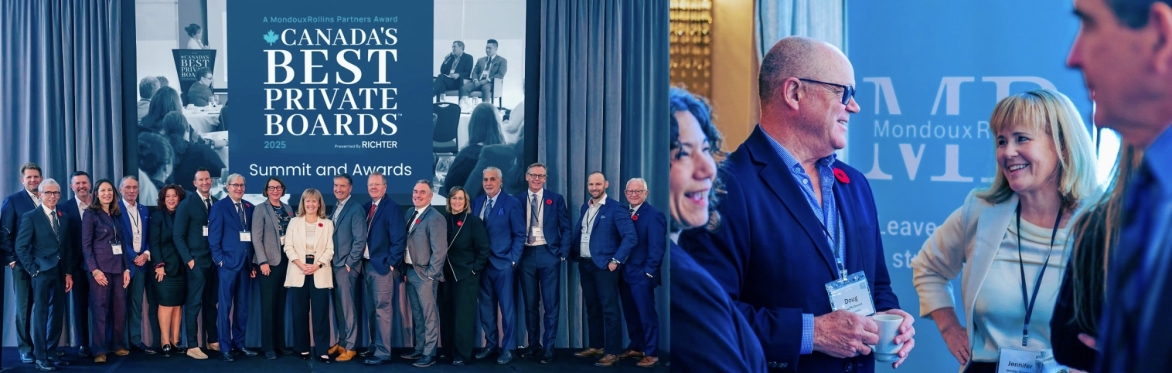 Colour image of 2025 Canada's Best Private Boards winners, standing together on stage under the logo of the program, for a group picture.