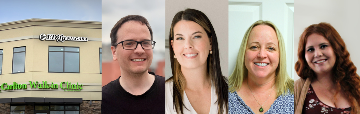 Building exterior EDify Niagara and headshots of Chris Brown, Marissa Peressotti, Kelly Rigby, Morgan Yates