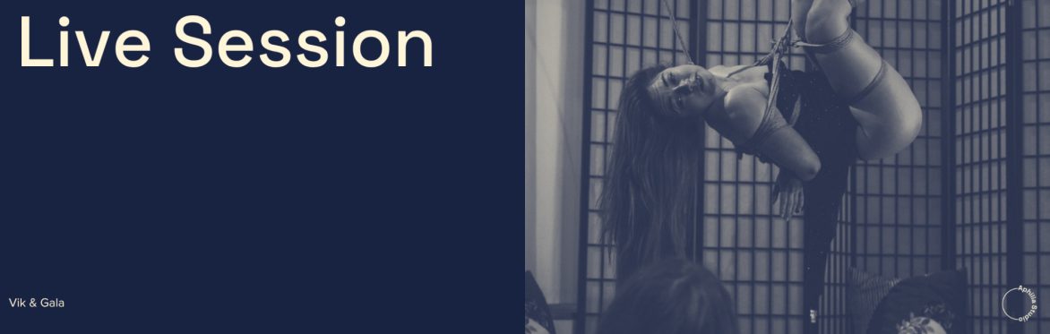 Wide blue and cream duotone event banner reading “Live Session” and “Vik & Gala”, with a rope performance photograph.