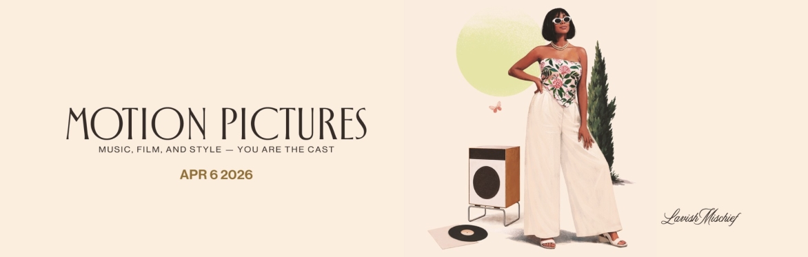 llustrated event thumbnail showing a woman in a silk headscarf and sunglasses, a man in a trench coat holding a wine glass, and a vintage speaker on a warm ivory background.