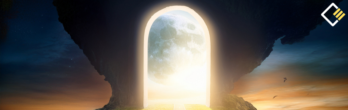 A glowing gateway within a dark cave reveals a large, luminous moon against a twilight sky. Surreal and mystical atmosphere with a sense of wonder.