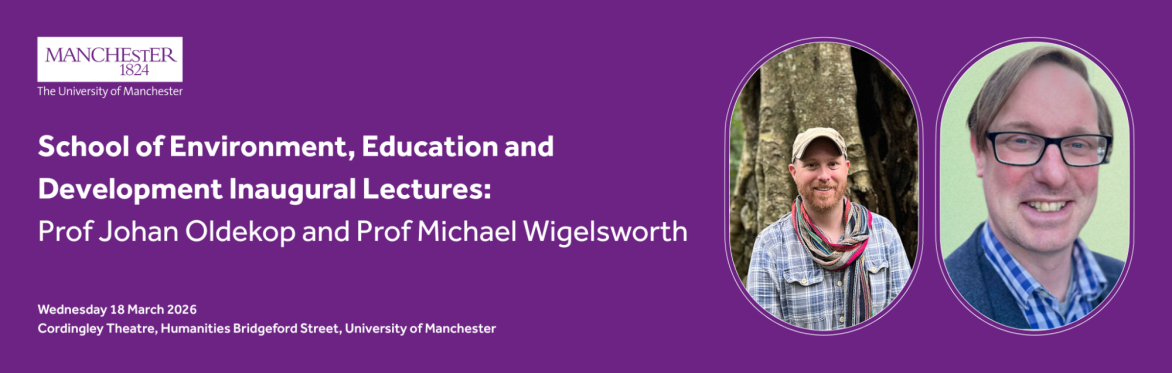 Photos of Will Fletcher and Seth Schindler with text that reads: School of Environment, education and Development Inaugural lectures: Prof Will Fletcher and Prof Seth Schindler - Wednesday 11 February