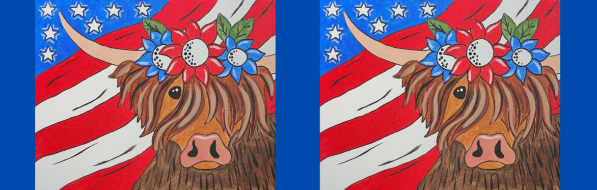 3 repeats of same image of a carabao stands proudly in front of the U.S. flag, wearing three flowers on its head—two blue with white centers and one red with a white center—perfectly capturing the “Am