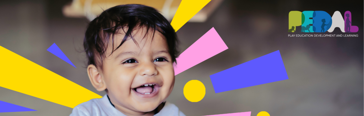 A baby laughing with the PEDAL logo and the International Day of Play branding