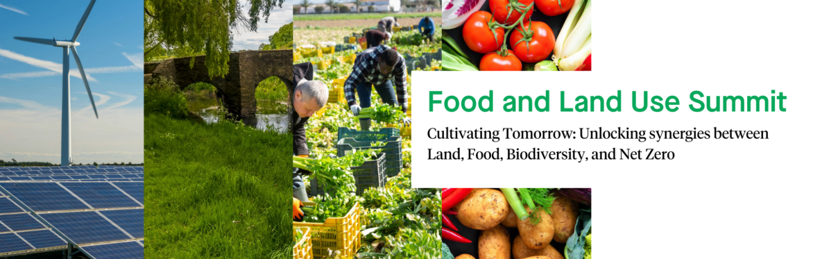 food and landuse summit, solar panel, wind turbine, river bank and bridge, vegetable pickers in field, fruit and veg