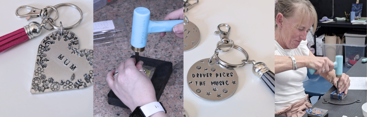 The banner shows various hand stamped metal keyrings and people in the process of makking them