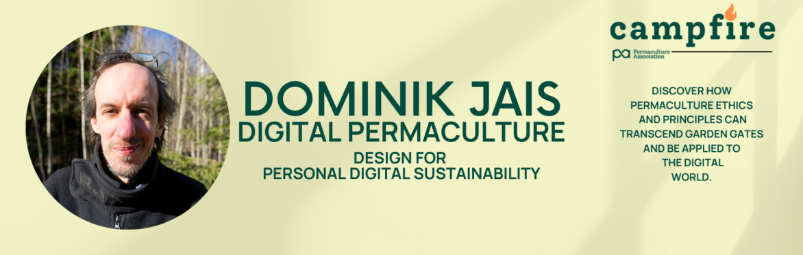 A picture of the event title "Digital Permaculture design for  personal digital sustainability" Dominik Jais smiles in the corner.