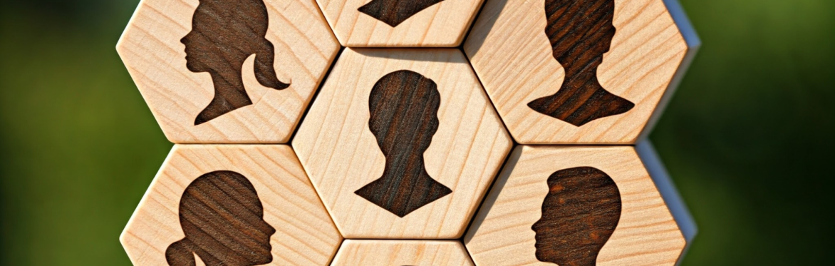 connecting wooden hexagonal blocks with the silhouettes of people on them