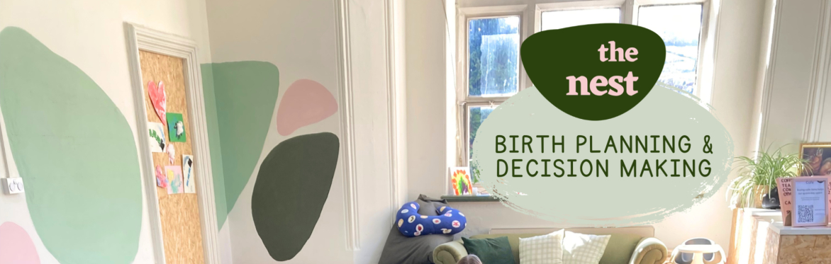 A well-lit room with green and pink blobs painted on the walls with green sofa and cushions, with the words 'The Nest - Birth Planning & Decision Making' overlaid in the foreground
