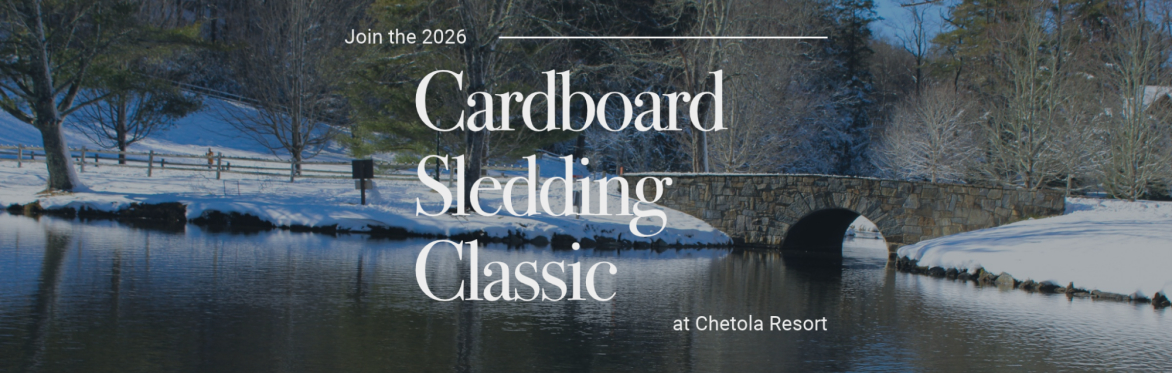 This image contains text that says Join the 2026 Cardboard Sledding Competition at Chetola Resort overlayed on a photo of Chetola Lake in the snow.
