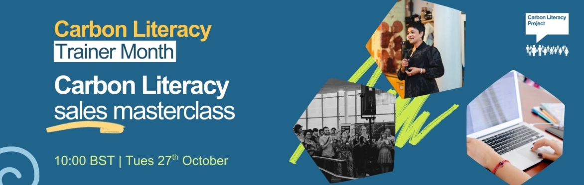 Banner for Carbon Literacy Trainer Month including the event title and time squiggly graphics and a photo of a woman presenting a slideshow in a warmly lit room