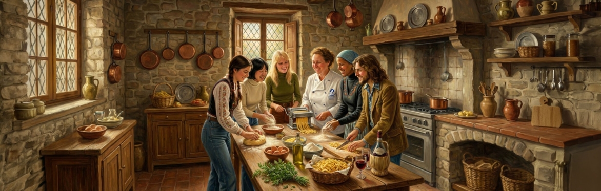 Chef Carlotta demonstrates fresh pasta making as reunion participants prepare traditional Tuscan dishes together around a farmhouse kitchen table.
