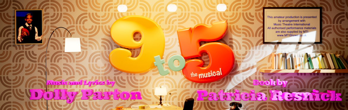 9 to 5 The Musical, with music and lyrics by Dolly Parton. Book by Patricial Resnick. Image has a 70's vibe, with a shelf, telephone and image of Mr Hart, against 70's geometric wallpaper, warm hues.