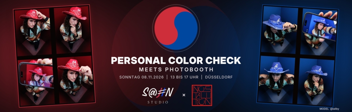 Personal Color Check meets Photobooth, Sajin Studio x Nostalution, Sonntag 08.11.2026, Düsseldorf. Red Edition and Blue Edition photo strips.
