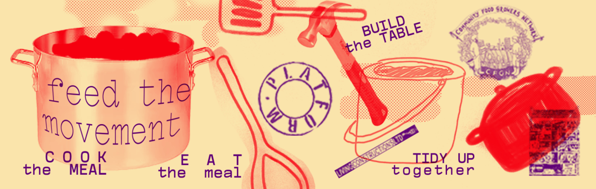 A mix of images and hand drawings of different tools used in cooking and building with descriptive words of the event title and activities as well as organiser logos dotted between everything.