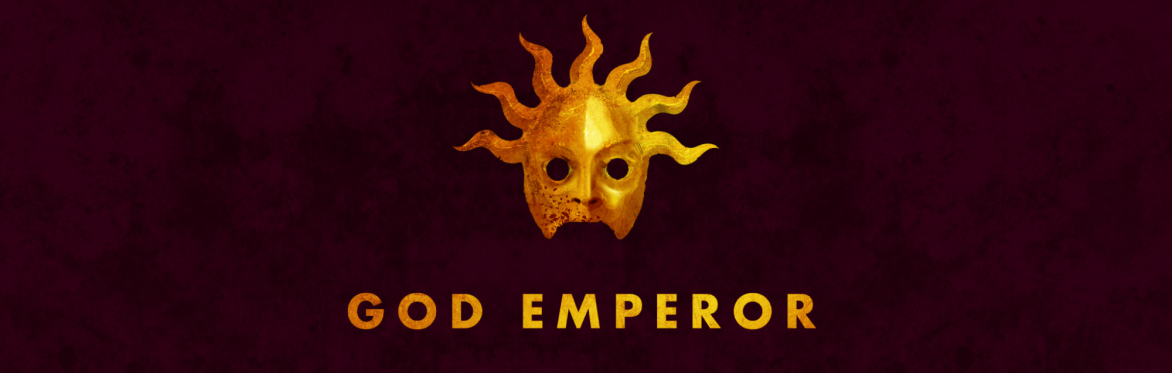 A golden mask on a dark red background