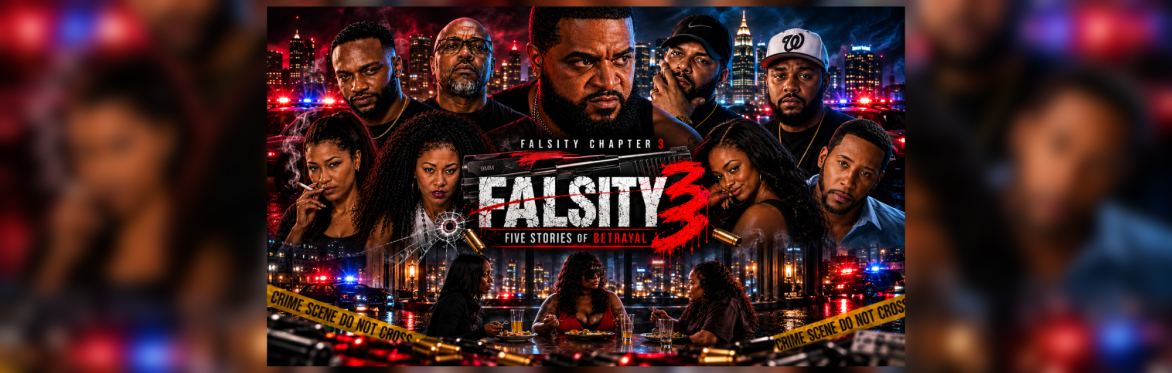 Wide promotional banner for FALSITY Chapter 3: Five Stories of Betrayal, featuring the film's ensemble cast and dramatic city imagery.