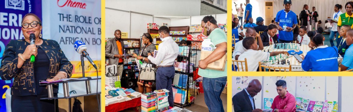 a collage of images at book fair event including delivering a speech, shopping for books, children event, and business networking