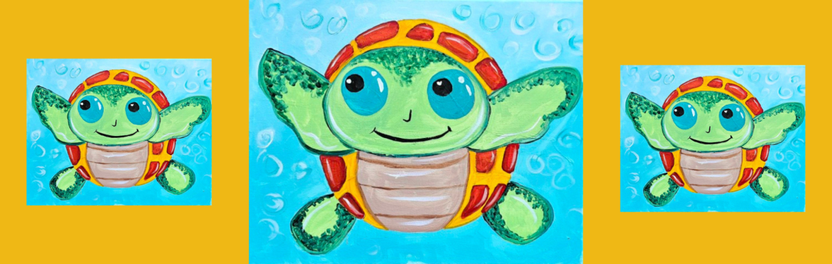 3 repeats of same image of a cute, smiling green turtle stands out with an orange and red shell, set against a bright blue background for a cheerful and playful scene.