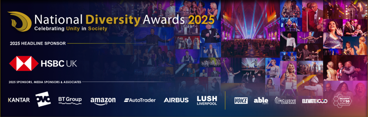 Image montage of various images from the National Diversity Awards, which is layered with the NDA, HSBC and 2025 Sponsor Logos