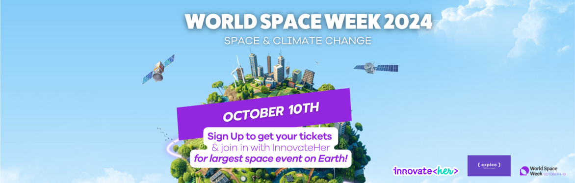 World Space Week With InnovateHer. Coming soon on a purple background in front of a Climate themed world