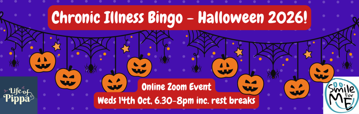 Decorative image with pumpkin garland. Text reads 'Chronic Illness Bingo - Halloween 2026!'