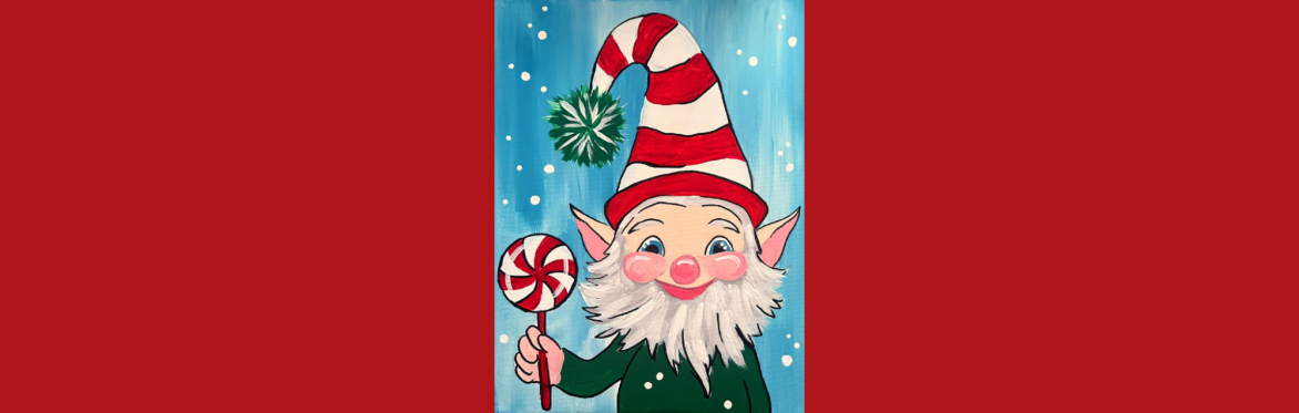 Elf wearing a holiday hat and holding a candy.